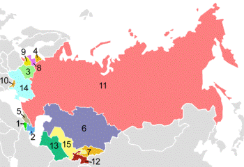 Post-Soviet states in alphabetical order: 1. Armenia;  2. Azerbaijan;  3. Belarus;  4. Estonia;  5. Georgia;  6. Kazakhstan;  7. Kyrgyzstan; 8. Latvia;  9. Lithuania;  10. Moldova;  11. Russia; 12. Tajikistan;  13. Turkmenistan;  14. Ukraine; 15. Uzbekistan